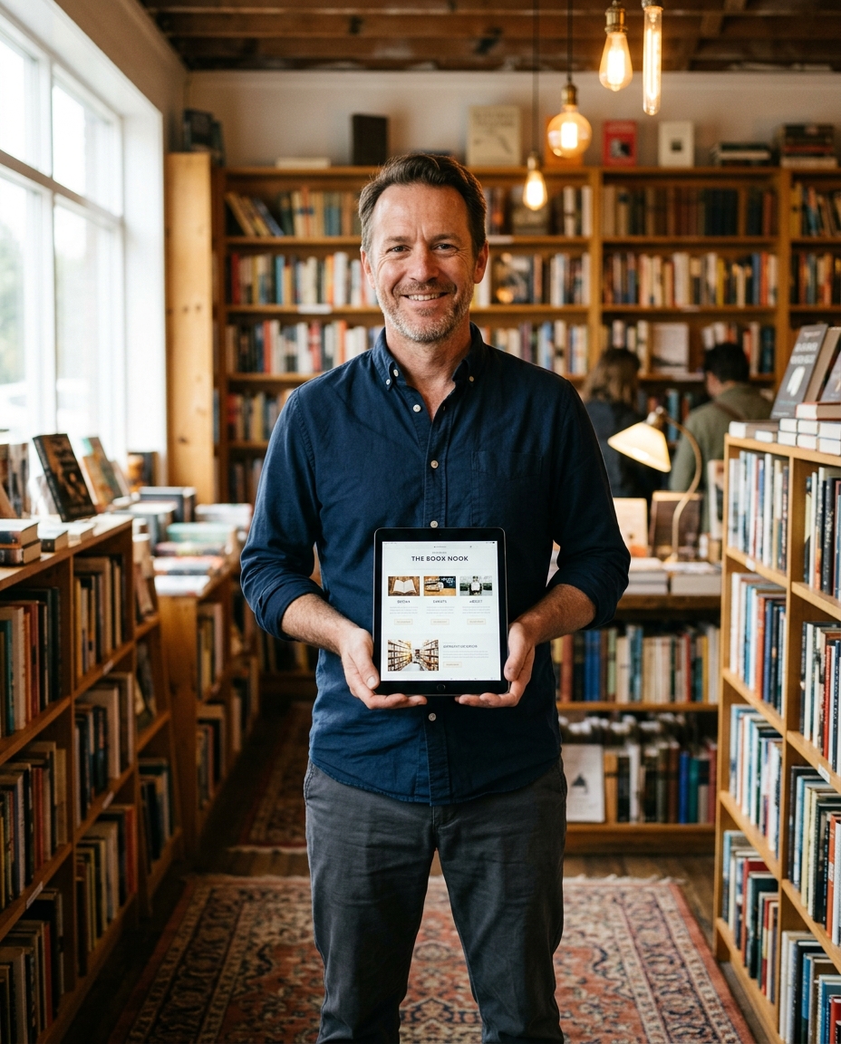 Bookshop owner with his new website