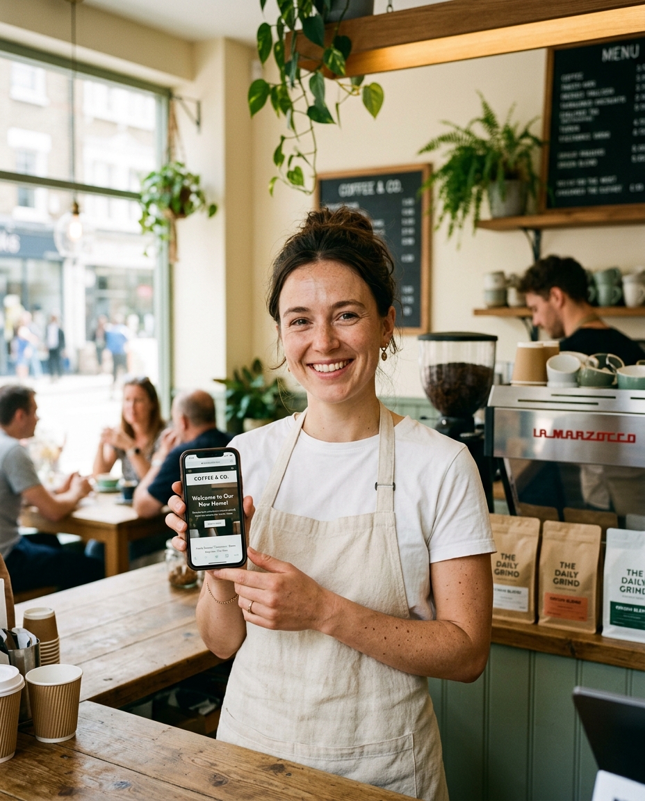 Café owner with her new website